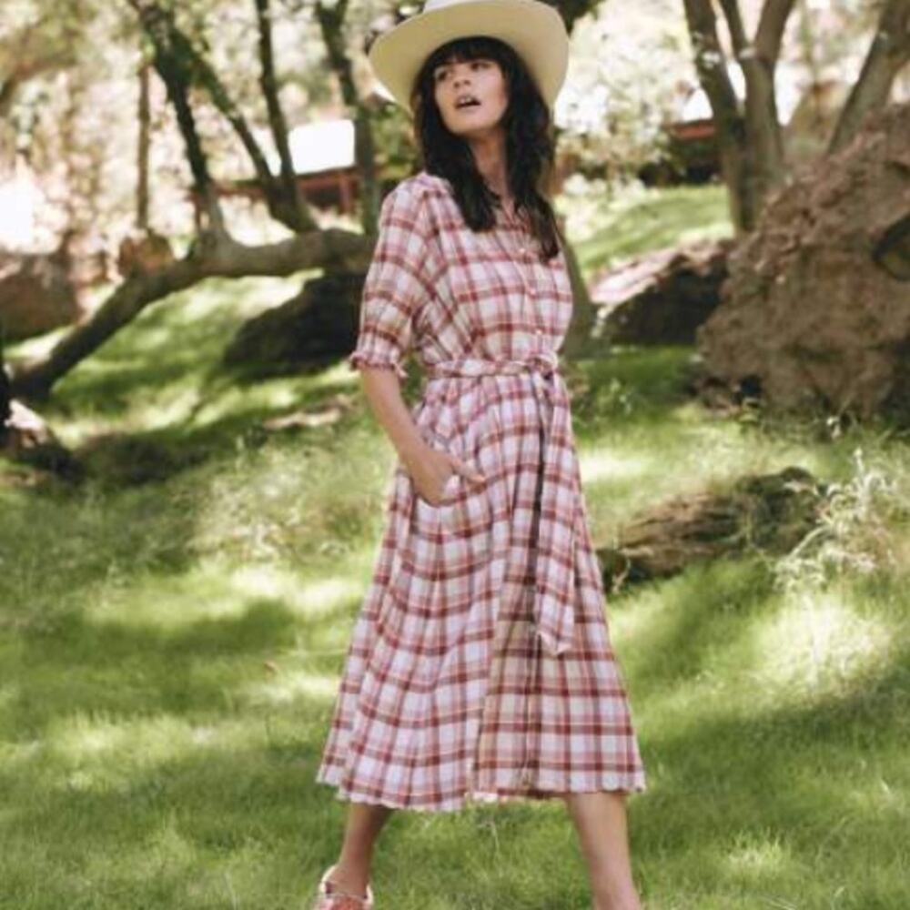 THE GREAT. Scallop Kerchief Plaid Belted Shirt Dress Puff Sleeve Midi Sz XS